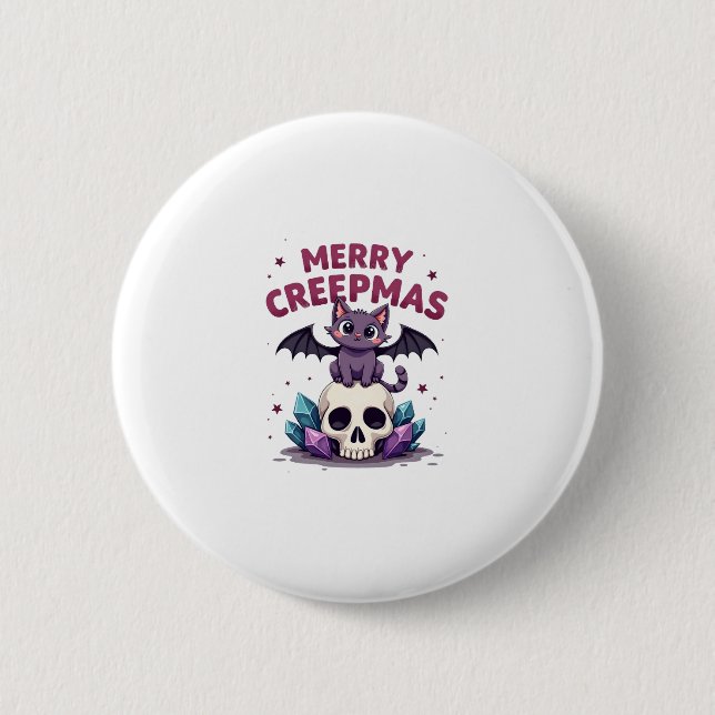 Merry Creepmas Cat Pastel Goth Christmas Skull T-S Button (Vorderseite)