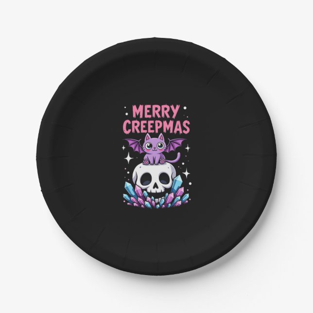 Merry Creepmas Cat Pastel Goth Christmas Skull T-S Pappteller (Vorderseite)
