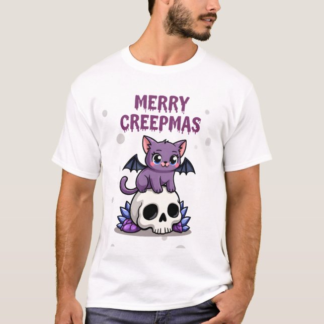 Merry Creepmas Cat Pastel Goth Christmas Skull T-S T-Shirt (Vorderseite)