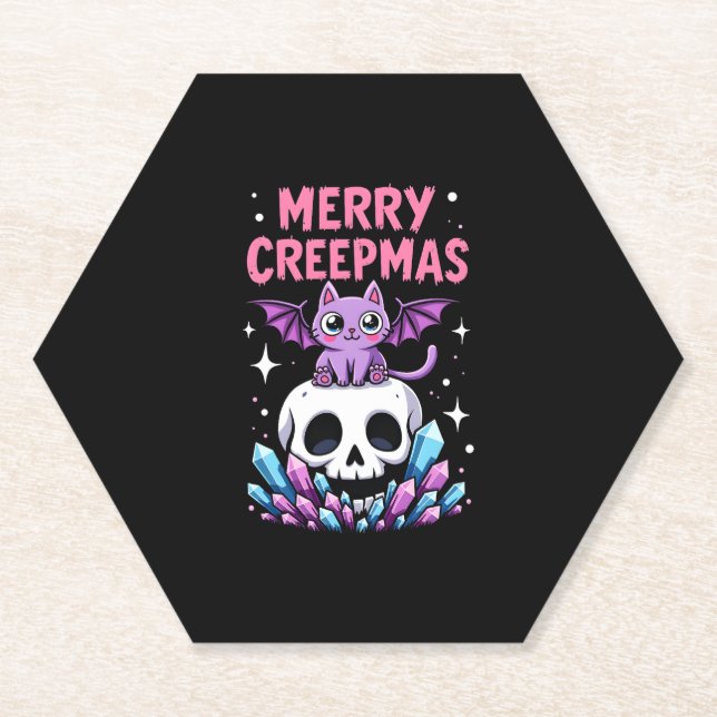 Merry Creepmas Cat Pastel Goth Christmas Skull T-S Untersetzer (Vorderseite)