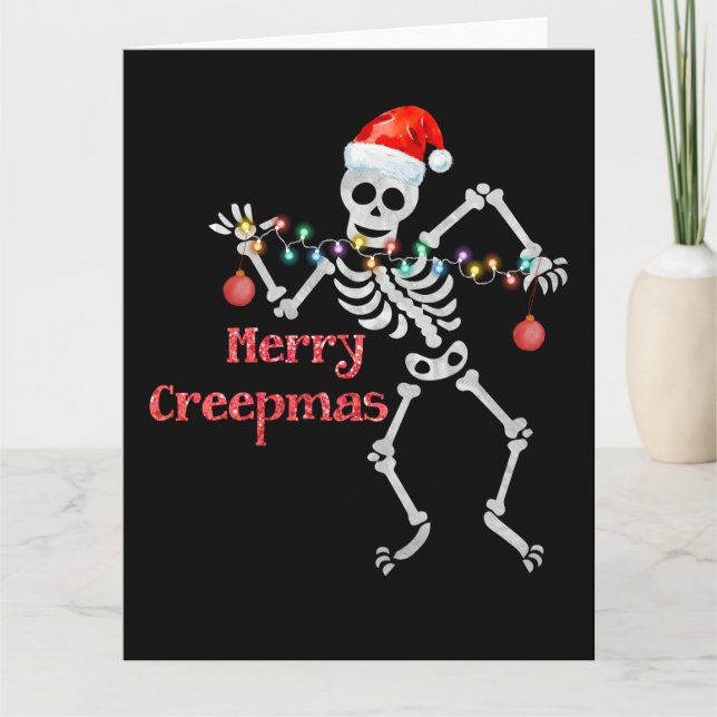 Merry Creepmas Skeleton Santa Skull Weihnachtsbaum Karte (Vorderseite)