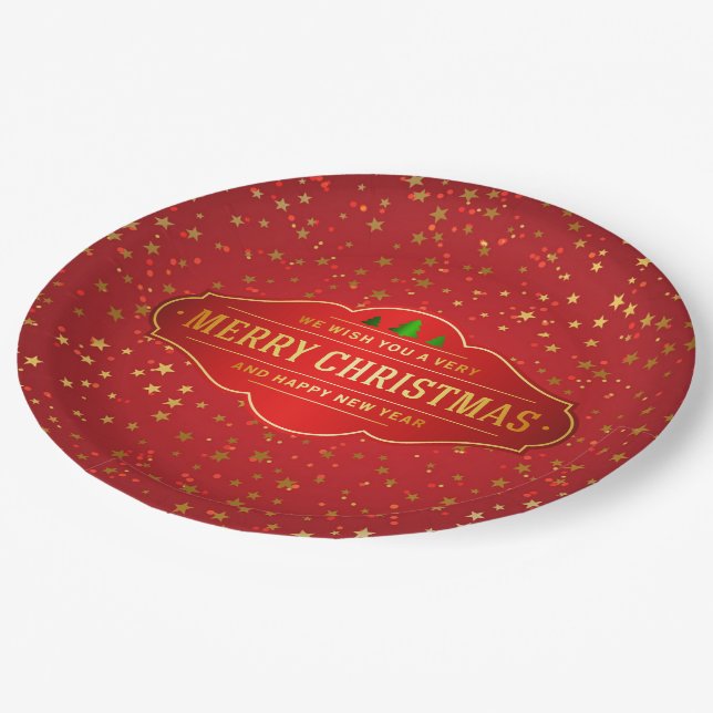 Merry Cristmas Label Paper Plate Pappteller (Schrägansicht)