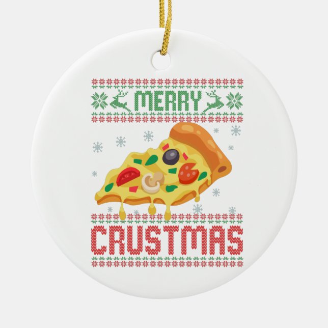 Merry Crustmas Funny Christmas Pizza Ugly Sweater Keramik Ornament (Vorne)