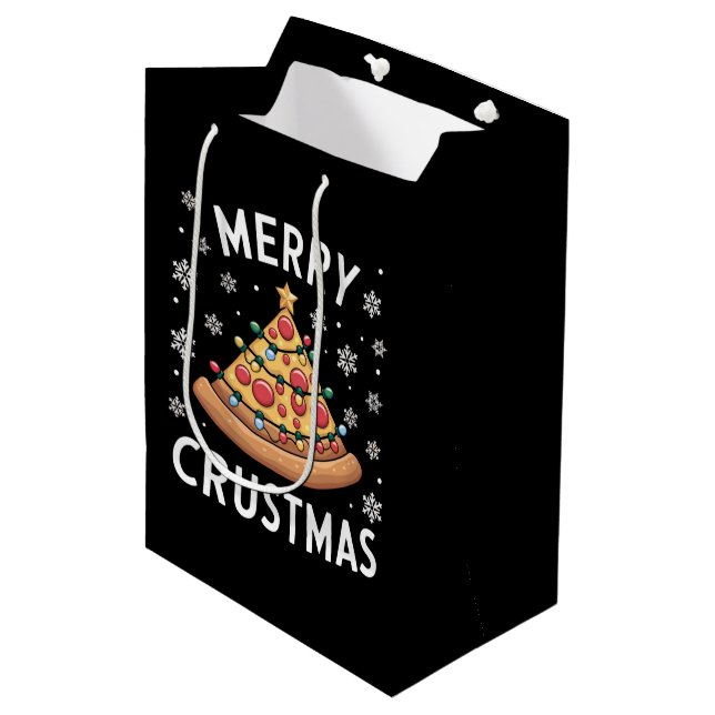 Merry Crustmas Pizza Weihnachtsbaum Weihnachtsgesc Mittlere Geschenktüte (Vorderseite Schrägansicht)