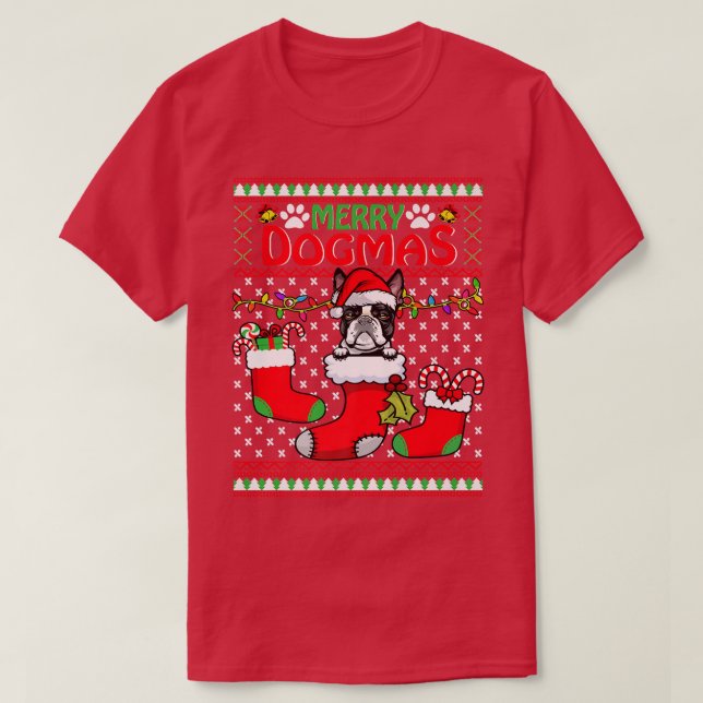 Merry Dogmas Boston Terrier Dog Funny Ugly Christm T-Shirt (Design vorne)
