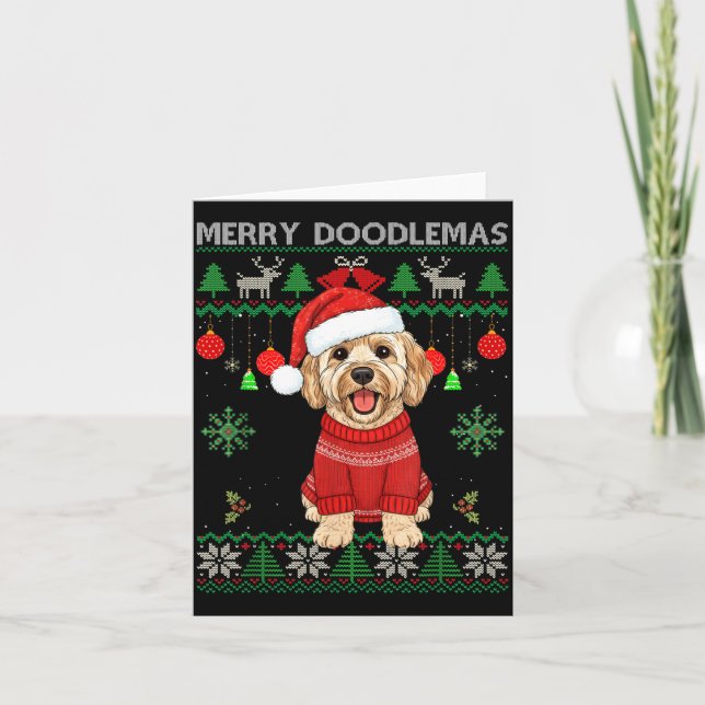 Merry Doodlemas Goldendoodle Wearing Ugly Christma Karte (Vorderseite)