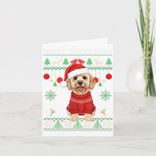 Merry Doodlemas Goldendoodle Wearing Ugly Christma Karte (Vorderseite)