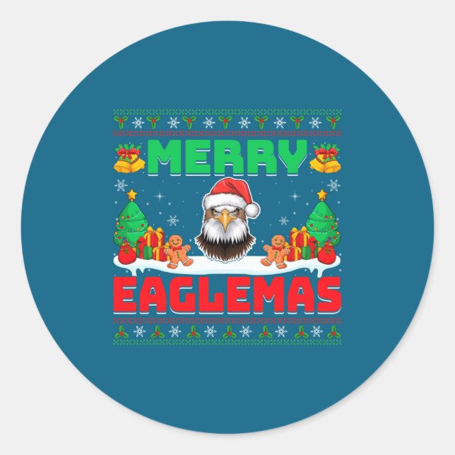 Merry Eaglemas - Eagle Wearing Santa Hat Ugly Chri Runder Aufkleber (Vorderseite)