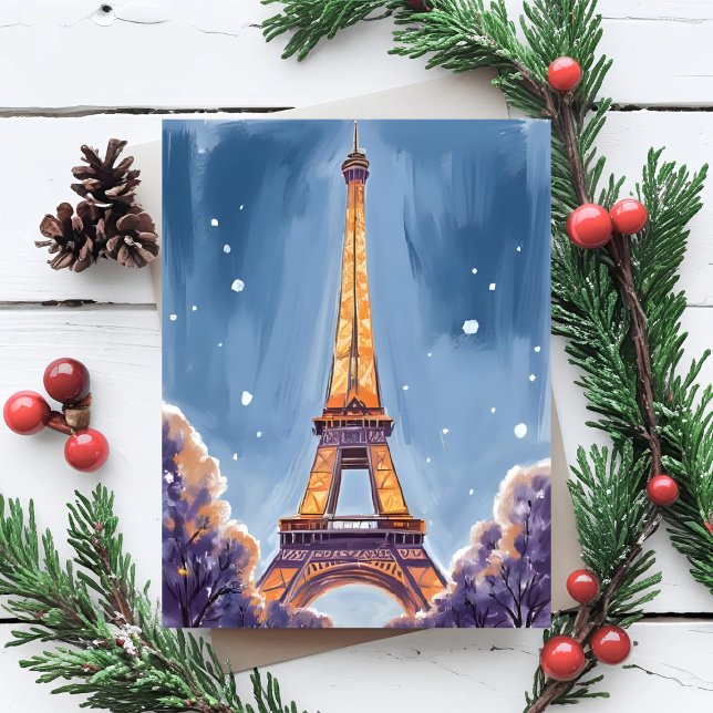 Merry Eiffel Tower | Paris Christmas Watercolor Feiertagspostkarte (Von Creator hochgeladen)