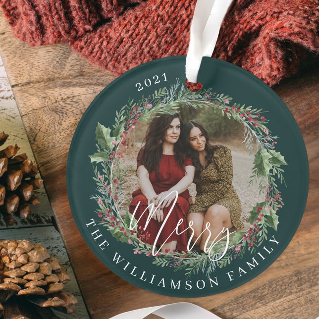 Merry Elegante Festivals Wasserfarben Wreath Zwei  Ornament (Merry Elegant Festive Watercolor Wreath Two Photo Ornament)