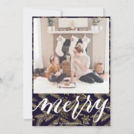 MERRY | Elegantes Typografie Gold Boughs Muster Feiertagskarte