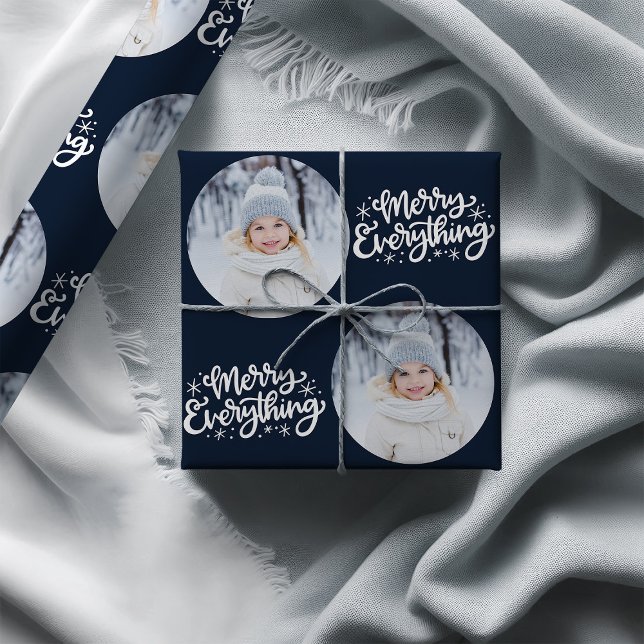 Merry Everything Calligraphy Round Foto Blue Geschenkpapier (Photo Wrapping Paper - Merry Everything)