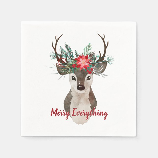 Merry Everything Watercolor Deer Antler Bouquet Serviette (Vorderseite)