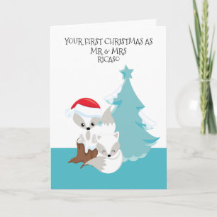 Merry First Verheiratet Christmas Niedlich Fox Cou Karte