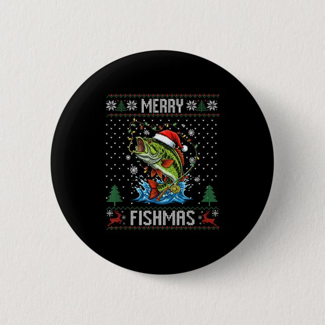Merry Fishmas B Fish Fishing Christmas Ugly Sweate Button (Vorderseite)