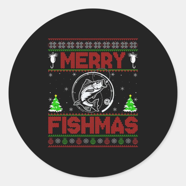 Merry Fishmas B Fish Fishing Ugly Christmas Sweate Runder Aufkleber (Vorderseite)
