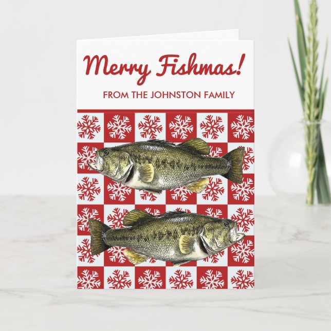 Merry Fishmas Bass Fishing Snowflake Holiday Karte (Vorderseite)