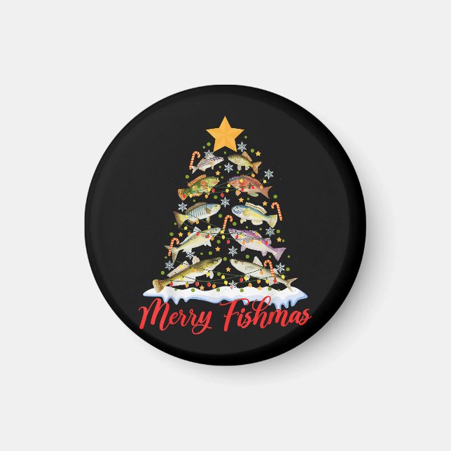 Merry Fishmas Funny Christmas Tree Lights Fish Fis Magnet (Vorne)