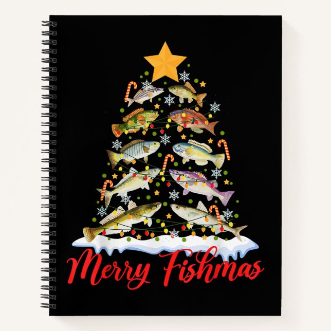 Merry Fishmas Funny Christmas Tree Lights Fish Fis Notizbuch (Vorderseite)