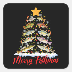 Merry Fishmas Funny Christmas Tree Lights Fish Fis Quadratischer Aufkleber
