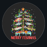 Merry Fishmas Funny Christmas Tree Lights Fish Fis Runder Aufkleber<br><div class="desc">Merry Fishmas Weihnachtsbaum Lichter Fisch Fischen Fischen Rod</div>