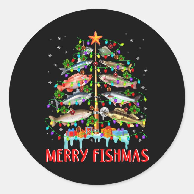 Merry Fishmas Funny Christmas Tree Lights Fish Fis Runder Aufkleber (Vorderseite)