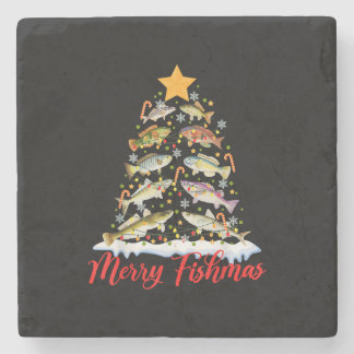 Merry Fishmas Funny Christmas Tree Lights Fish Fis Steinuntersetzer
