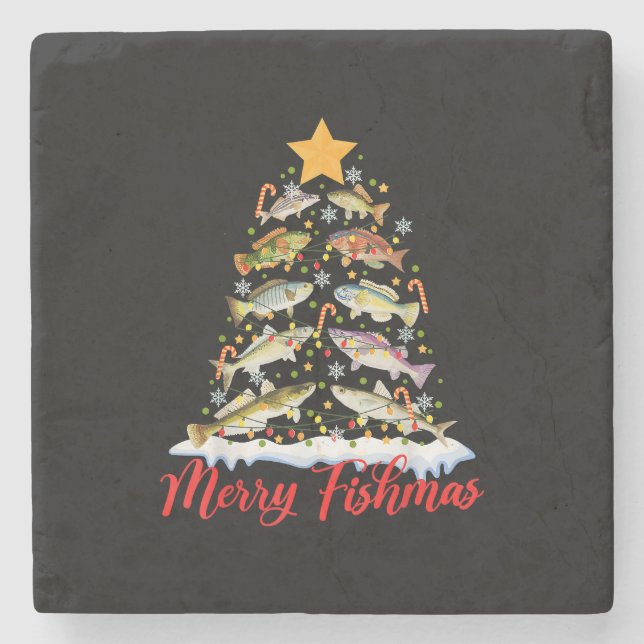 Merry Fishmas Funny Christmas Tree Lights Fish Fis Steinuntersetzer (Vorderseite)