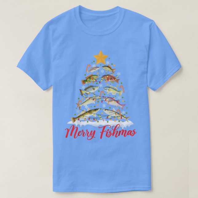 Merry Fishmas Funny Christmas Tree Lights Fish Fis T-Shirt (Design vorne)