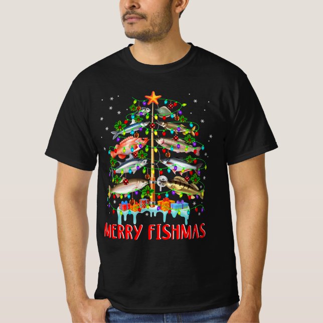 Merry Fishmas Funny Christmas Tree Lights Fish T-Shirt (Vorderseite)