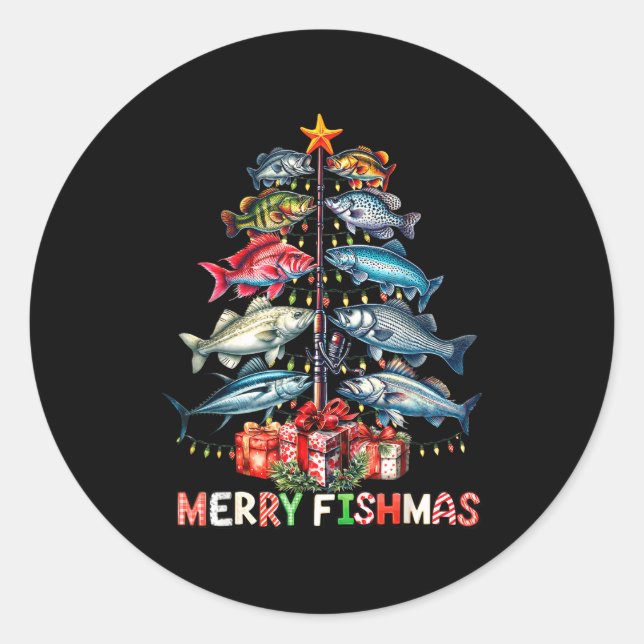 Merry Fishmas Funny Christmas Tree Lights Fishing  Runder Aufkleber (Vorderseite)