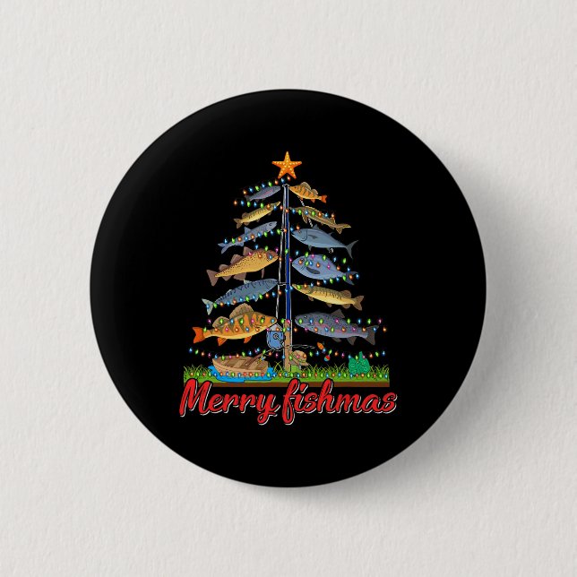 Merry Fishmas Funny Fisher Christmas Tree Fischen Button (Vorderseite)
