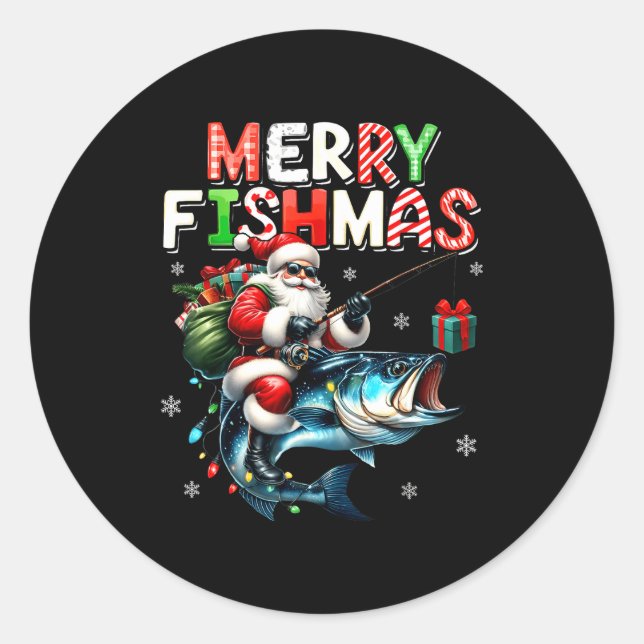 Merry Fishmas Santa Fishing Lovers Funny Fisherman Runder Aufkleber (Vorderseite)