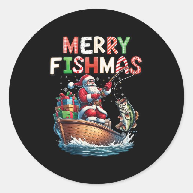 Merry Fishmas Santa Fishing Lovers Funny Fisherman Runder Aufkleber (Vorderseite)
