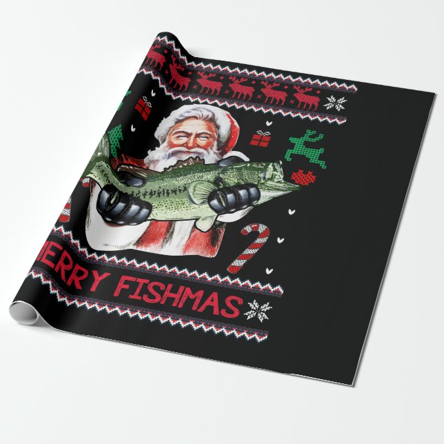 Merry Fishmas Santa Fishing Ugly Christmas Sweater Geschenkpapier (Ungerollt)