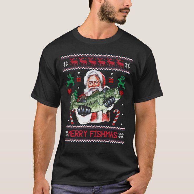 Merry Fishmas Santa Fishing Ugly Christmas Sweater T-Shirt (Vorderseite)
