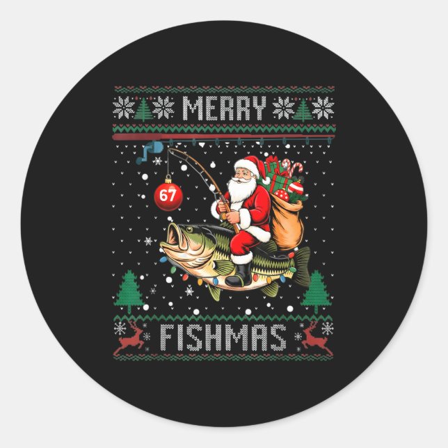 Merry Fishmas Santa Riding B Fish Christmas Ugly S Runder Aufkleber (Vorderseite)
