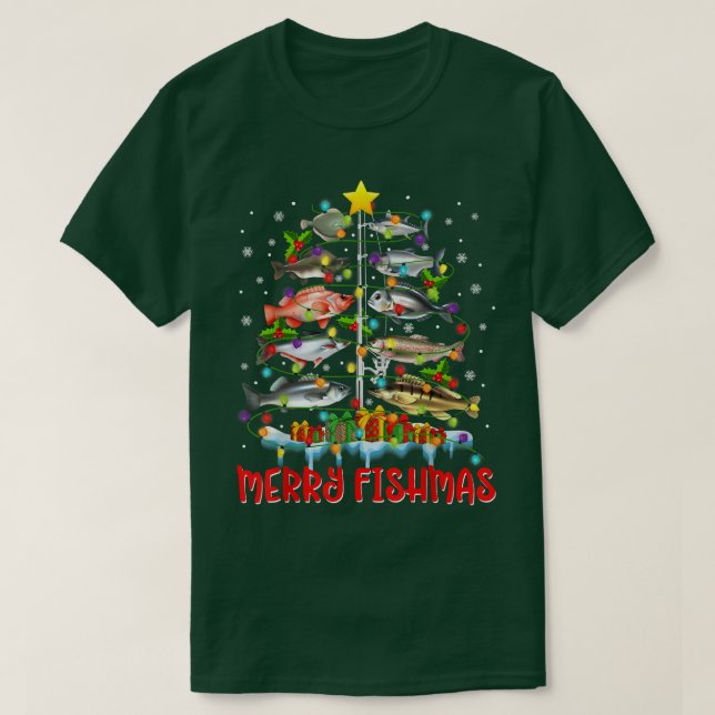 Merry Fishmas Tree Funny Christmas Lights Fish T-Shirt (Design vorne)