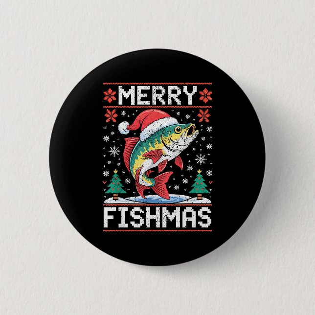 Merry Fishmas Ugly Christmas Sweater Fishing Lover Button (Vorderseite)