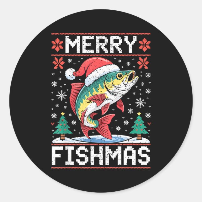 Merry Fishmas Ugly Christmas Sweater Fishing Lover Runder Aufkleber (Vorderseite)