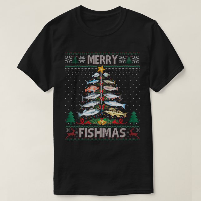 Merry Fishmas Ugly Sweater Fish Fish Rod Christ T-Shirt (Design vorne)
