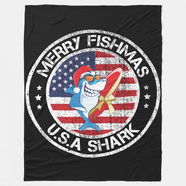Merry Fishmas USA Flag Great White Shark Fleecedecke (Vorderseite)