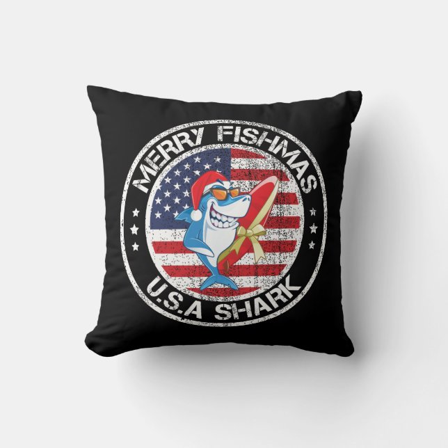 Merry Fishmas USA Flag Great White Shark Kissen (Vorderseite)