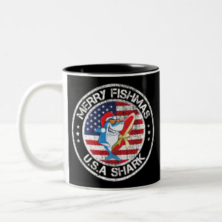 Merry Fishmas USA Flag Great White Shark Zweifarbige Tasse