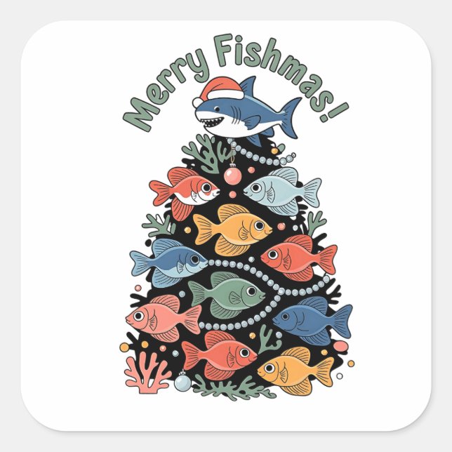 Merry Fishmas Weihnachtsbaum Fish Funny Fishing Quadratischer Aufkleber (Vorderseite)