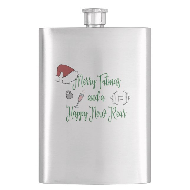 Merry Fitmas und ein glücklicher neuer Rücken Flachmann (Vorderseite)
