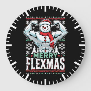 Merry Flexmas - Snowman Flexing Christmas Gym Große Wanduhr