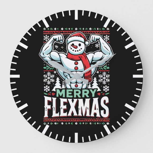 Merry Flexmas - Snowman Flexing Christmas Gym Große Wanduhr (Vorderseite)