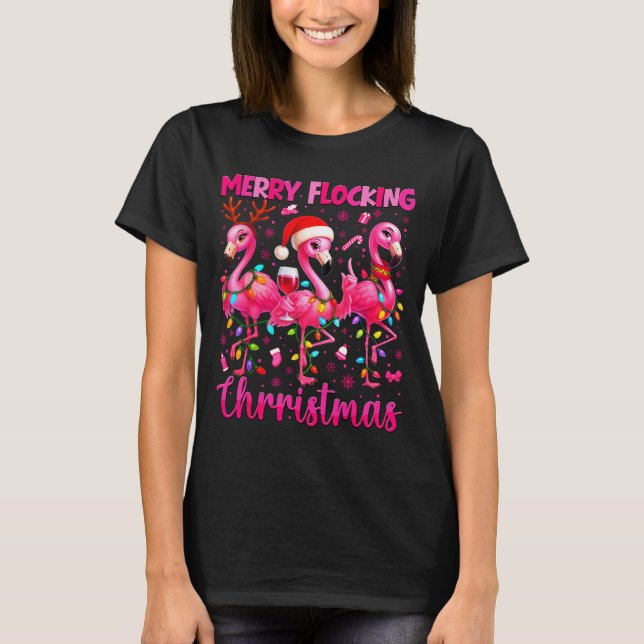 Merry Flocking Christmas Flamingo Drink Pjs Xmas M T-Shirt (Vorderseite)