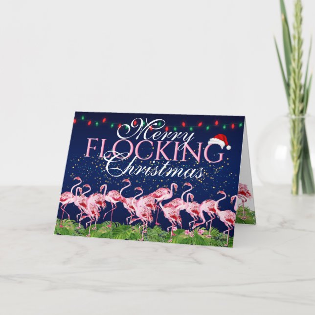 Merry Flocking Christmas Pink Flamingo Feiertagskarte (Vorderseite)